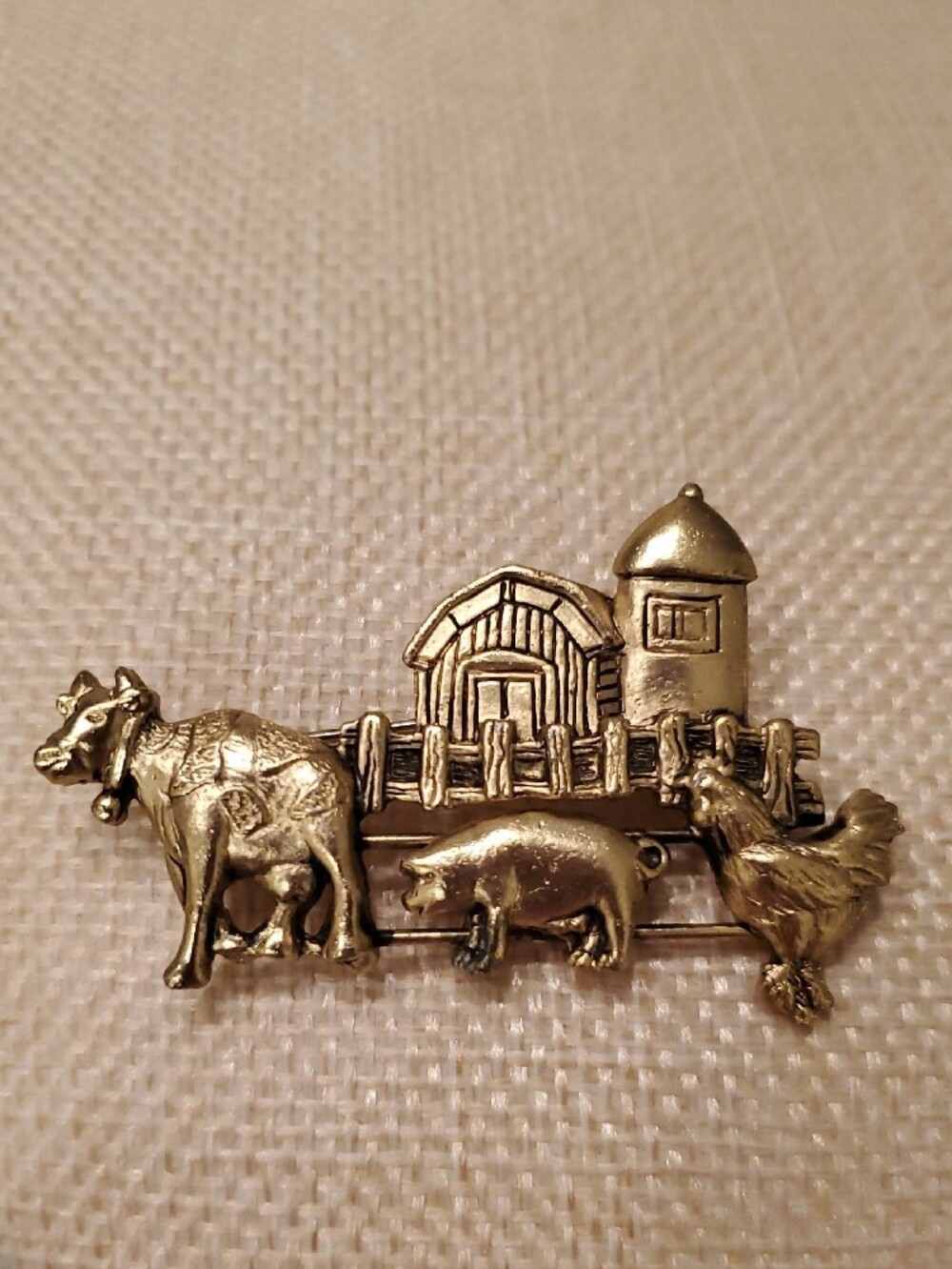 Farm Animal Brooch - Cow, Pig & Rooster Goldtone Vintage